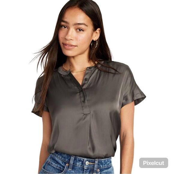 Old Navy Stone Grey Dolman Sleeve Mandarin Neckline Satin‎ Blouse Shirt - Picture 1 of 8